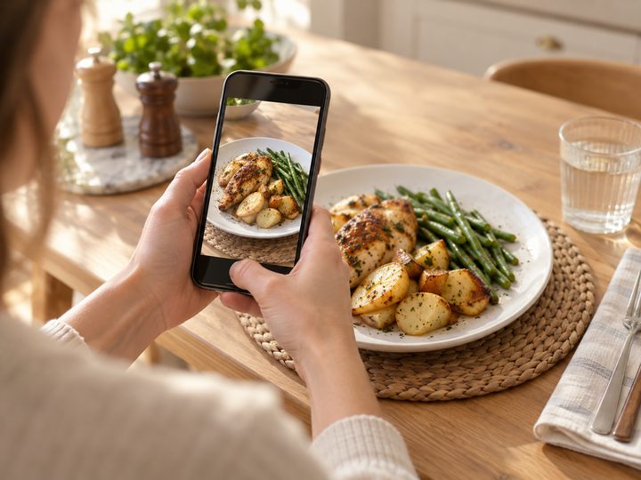 Hand holding a phone pointed at a plate of food