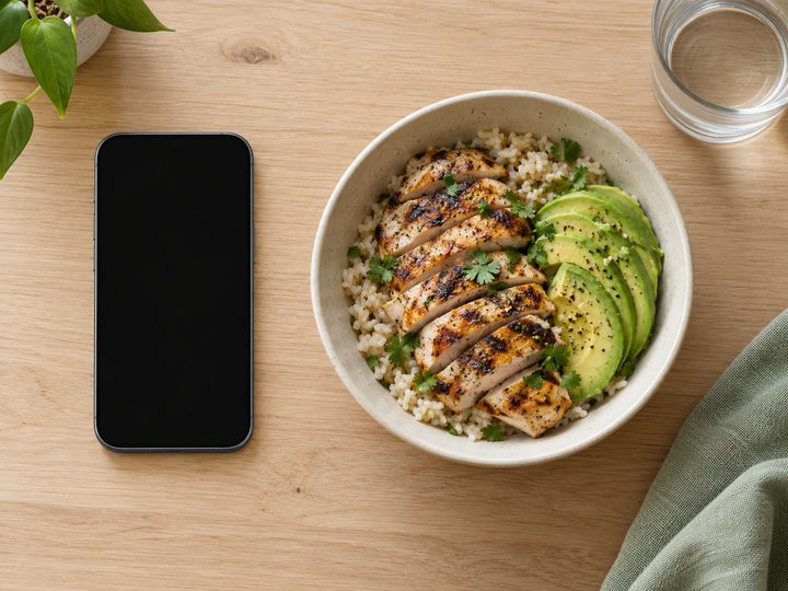 Phone showing a CaloFlag result: calories, protein, carbs, fat and fibre for a meal
